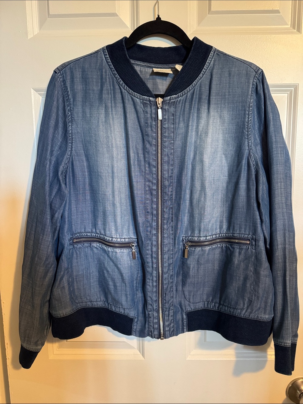 Women's Light Blue Denim Bomber Jacket with Rib Trim